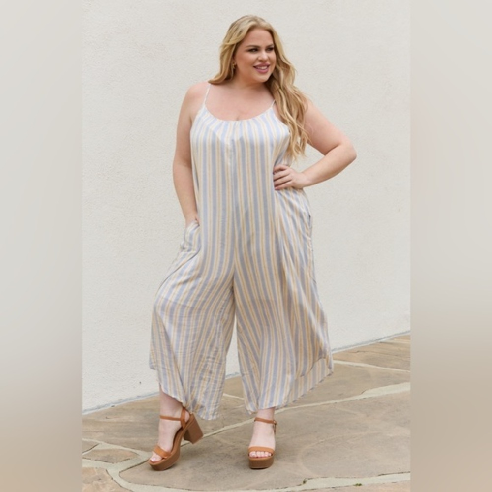 HEYSON Full Size Multi Colored Striped Jumpsuit with Pockets